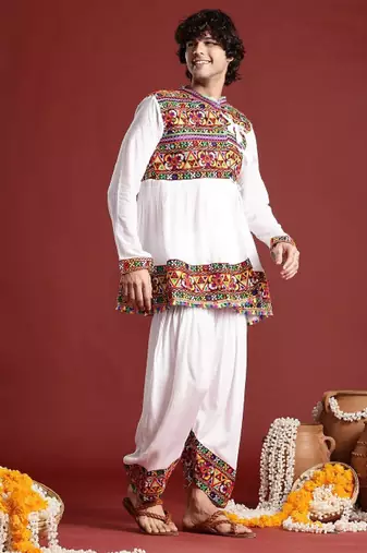Embroidered pleated mirror work kurta with dhoti pants & cap - free size