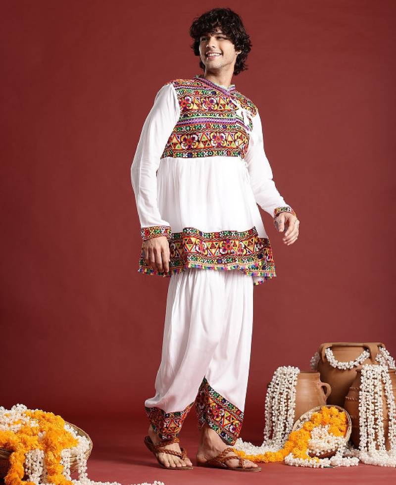Embroidered pleated mirror work kurta with dhoti pants & cap - free size
