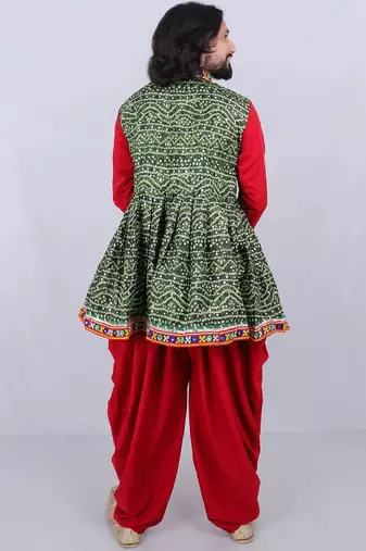 Men bandhani printed regular mirror work kurta with dhoti pants
