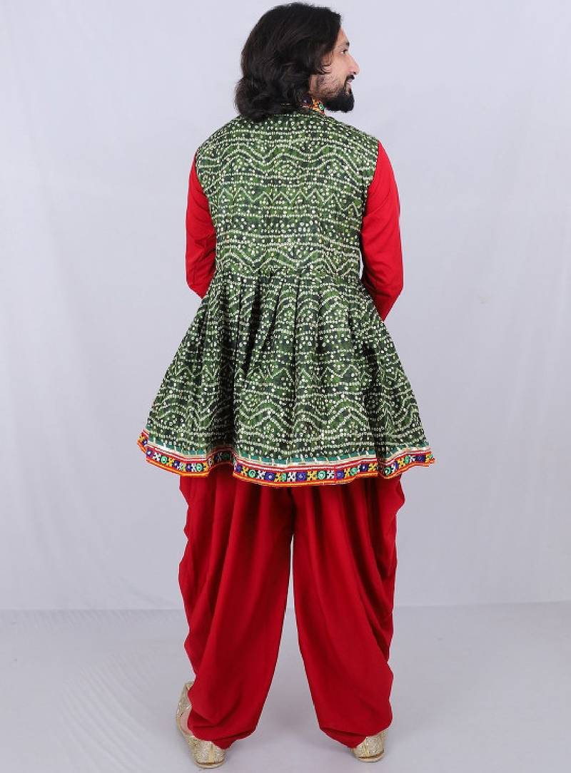 Men bandhani printed regular mirror work kurta with dhoti pants