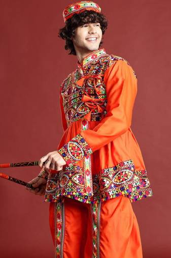 Ethnic motifs embroidered angrakha navaratri kediya with dhoti pants & dandiya - free size