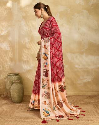 red printed silk blend bandhani saree with blouse 3