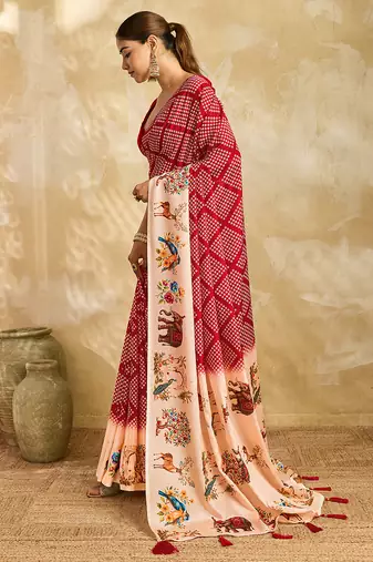 red printed silk blend bandhani saree with blouse
