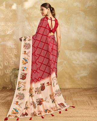 red printed silk blend bandhani saree with blouse 4