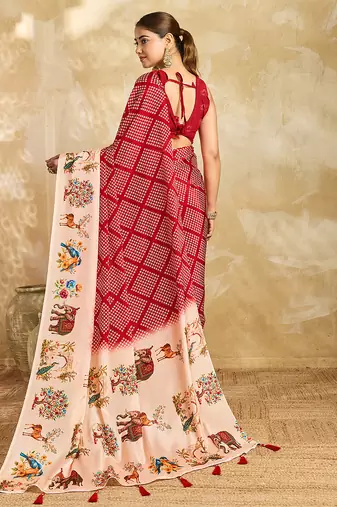 red printed silk blend bandhani saree with blouse