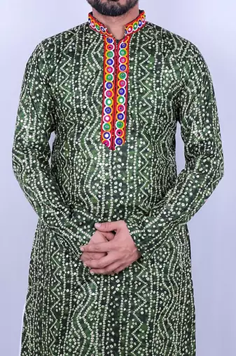 Bandhani printed mirror work mandarin collar straight kurta with salwar