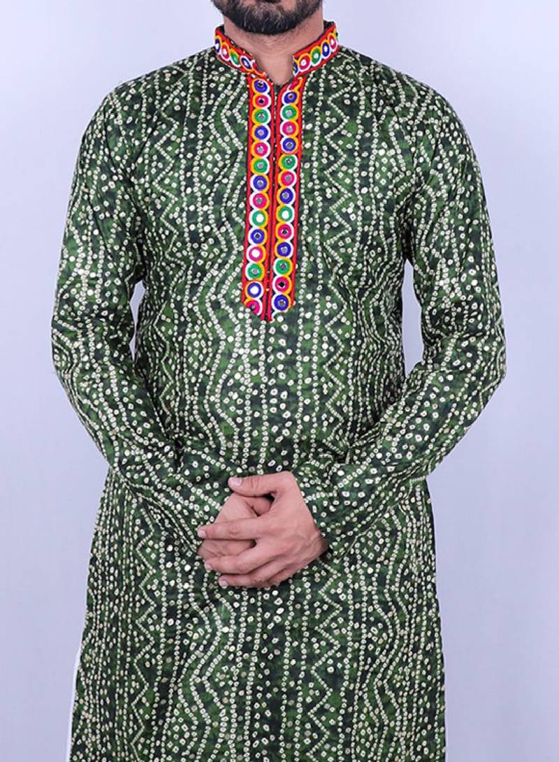 Bandhani printed mirror work mandarin collar straight kurta with salwar