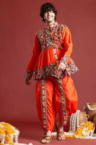 Ethnic motifs embroidered angrakha navaratri kediya with dhoti pants & dandiya - free size