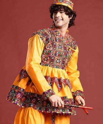 Embroidered pleated mirror work kurta with dhoti pants & cap - free size 1