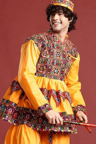 Embroidered pleated mirror work kurta with dhoti pants & cap - free size