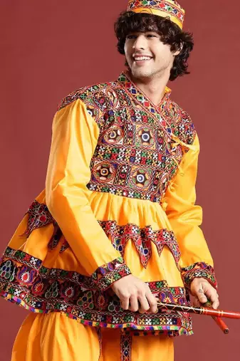 Embroidered pleated mirror work kurta with dhoti pants & cap - free size