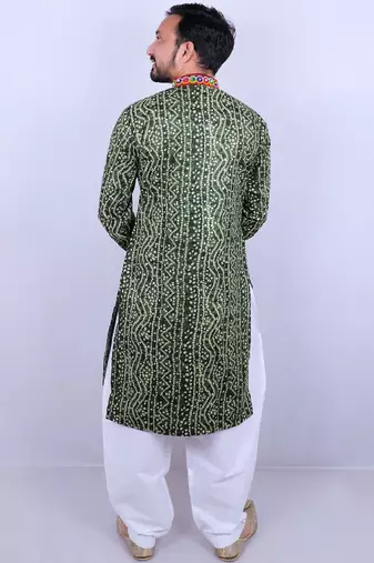 Bandhani printed mirror work mandarin collar straight kurta with salwar