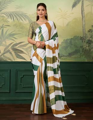 white, green striped crepe silk blend bollywood saree with blouse 1