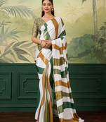 white, green striped crepe silk blend bollywood saree with blouse