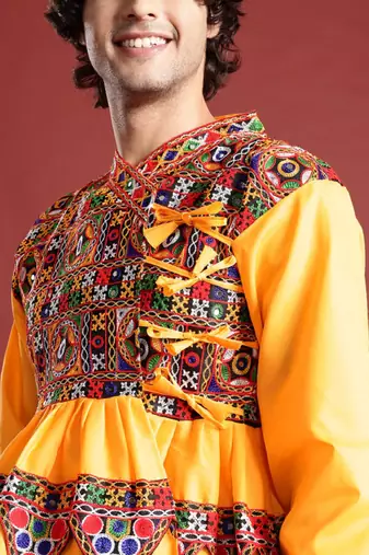 Embroidered pleated mirror work kurta with dhoti pants & cap - free size