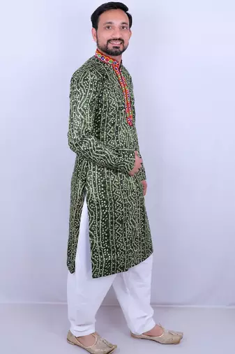 Bandhani printed mirror work mandarin collar straight kurta with salwar