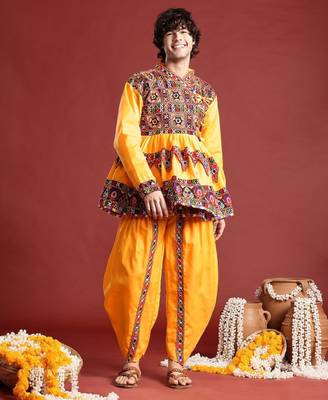 Embroidered pleated mirror work kurta with dhoti pants & cap - free size 3
