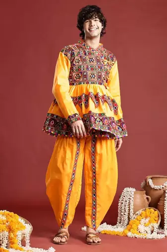 Embroidered pleated mirror work kurta with dhoti pants & cap - free size