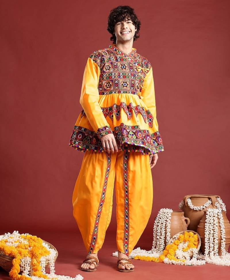 Embroidered pleated mirror work kurta with dhoti pants & cap - free size