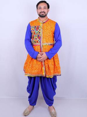 Bandhani printed mirror work mandarin collar anarkali kurta with dhoti pants 1