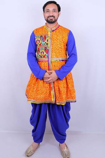 Bandhani printed mirror work mandarin collar anarkali kurta with dhoti pants