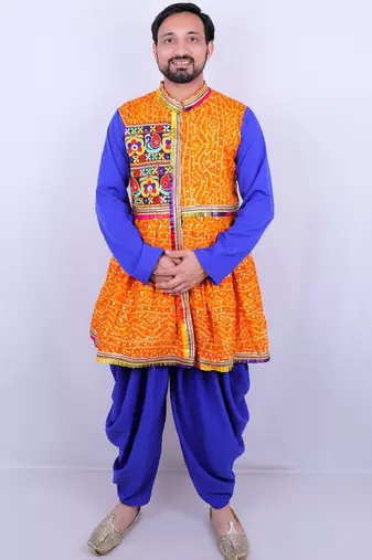 Bandhani printed mirror work mandarin collar anarkali kurta with dhoti pants