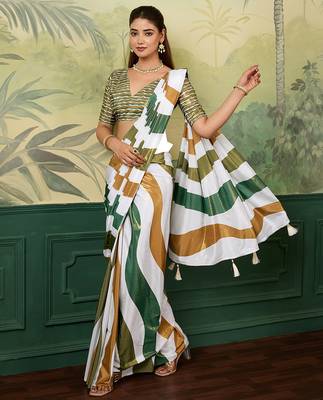 white, green striped crepe silk blend bollywood saree with blouse 2