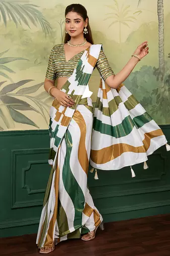 white, green striped crepe silk blend bollywood saree with blouse