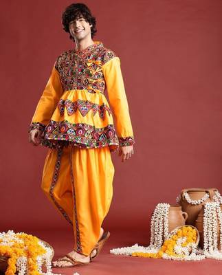 Embroidered pleated mirror work kurta with dhoti pants & cap - free size 4