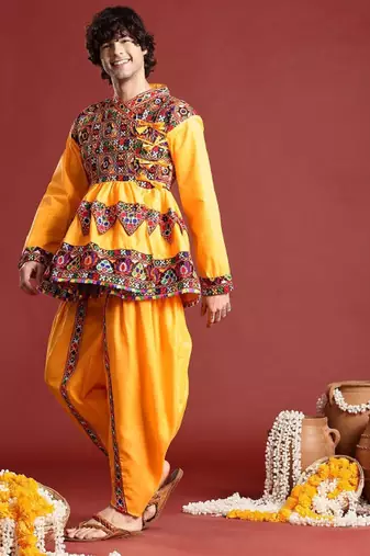 Embroidered pleated mirror work kurta with dhoti pants & cap - free size