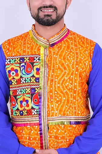 Bandhani printed mirror work mandarin collar anarkali kurta with dhoti pants
