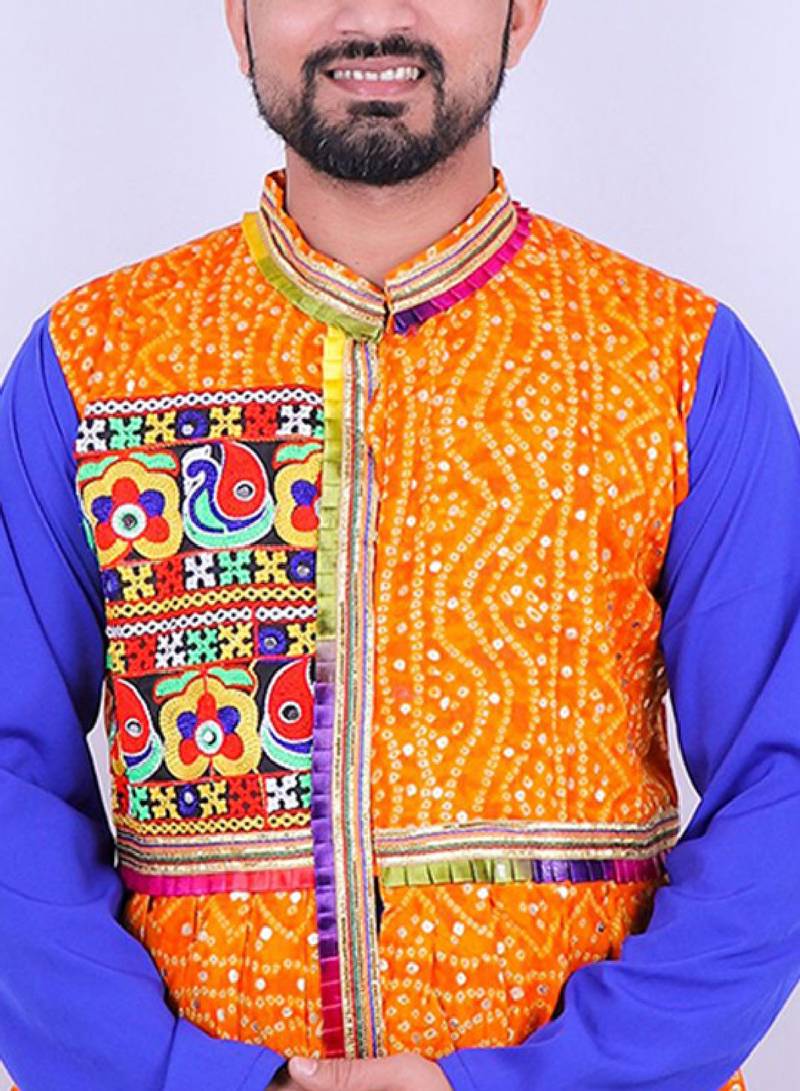 Bandhani printed mirror work mandarin collar anarkali kurta with dhoti pants