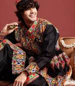 Men ethnic motifs embroidered pleated mirror work kediya set with cap & dandiya