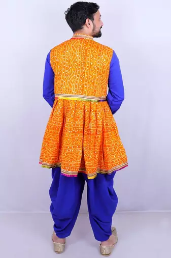 Bandhani printed mirror work mandarin collar anarkali kurta with dhoti pants