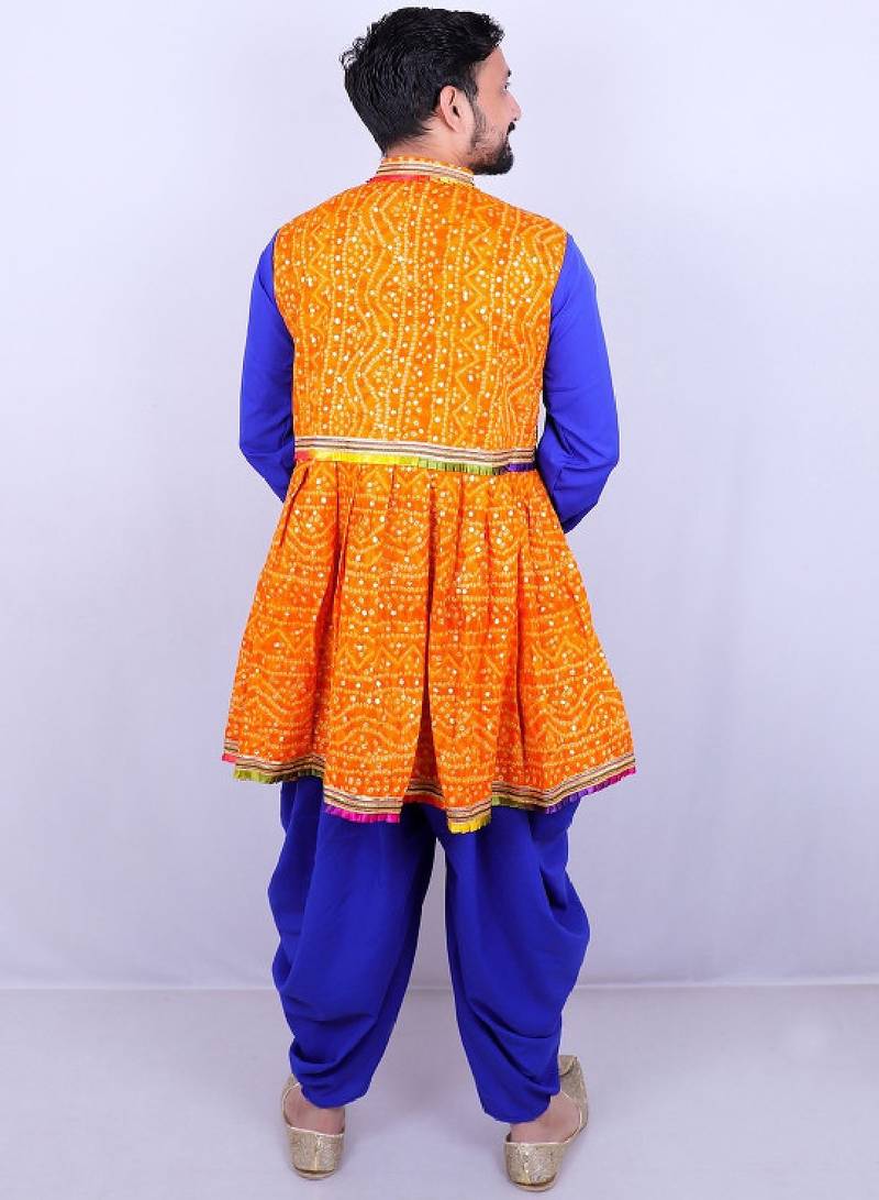 Bandhani printed mirror work mandarin collar anarkali kurta with dhoti pants
