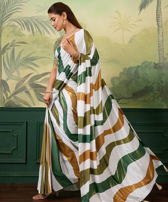 white, green striped crepe silk blend bollywood saree with blouse 3