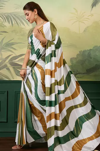 white, green striped crepe silk blend bollywood saree with blouse
