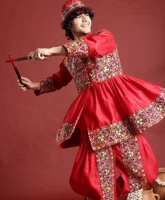 Ethnic motifs embroidered angrakha navaratri kediya set with dandiya & cap - free size 1