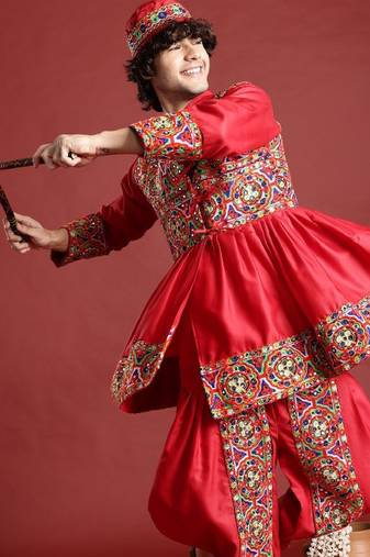 Ethnic motifs embroidered angrakha navaratri kediya set with dandiya & cap - free size