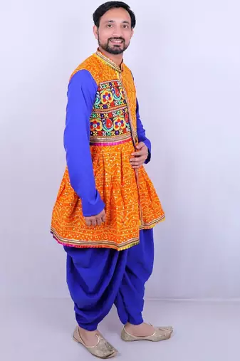 Bandhani printed mirror work mandarin collar anarkali kurta with dhoti pants