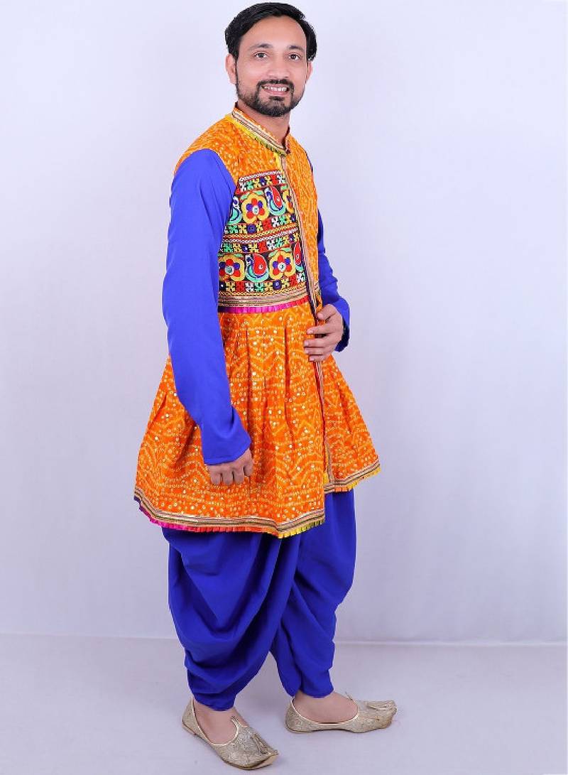 Bandhani printed mirror work mandarin collar anarkali kurta with dhoti pants