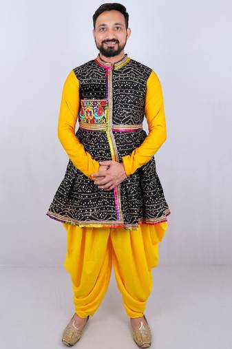Bandhani printed mirror work mandarin collar anarkali kurta with dhoti pants