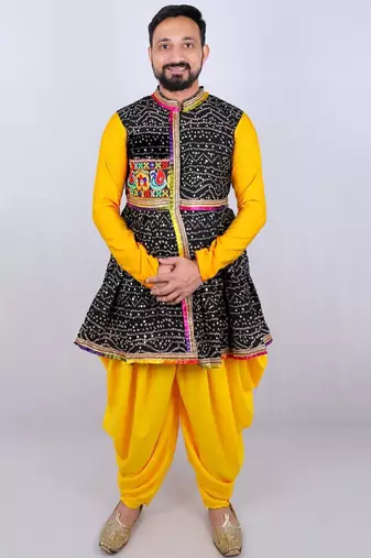 Bandhani printed mirror work mandarin collar anarkali kurta with dhoti pants