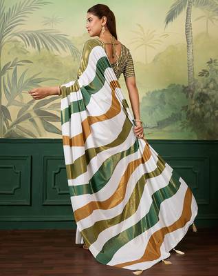 white, green striped crepe silk blend bollywood saree with blouse 4