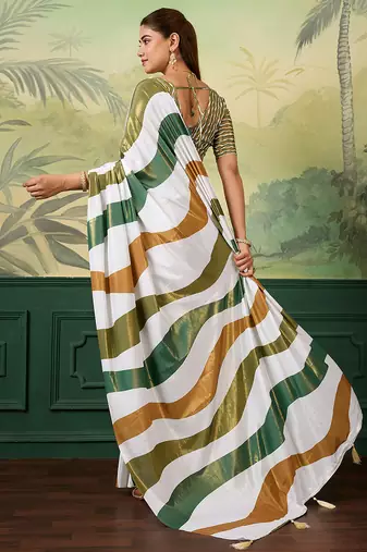white, green striped crepe silk blend bollywood saree with blouse
