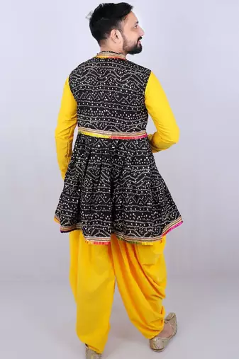 Bandhani printed mirror work mandarin collar anarkali kurta with dhoti pants