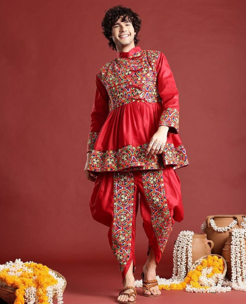 Ethnic motifs embroidered angrakha navaratri kediya set with dandiya & cap - free size