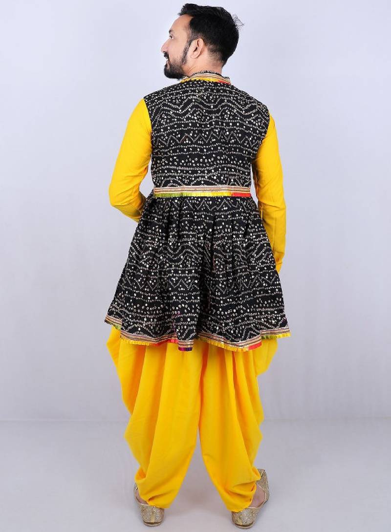 Bandhani printed mirror work mandarin collar anarkali kurta with dhoti pants