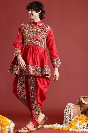 Ethnic motifs embroidered angrakha navaratri kediya set with dandiya & cap - free size