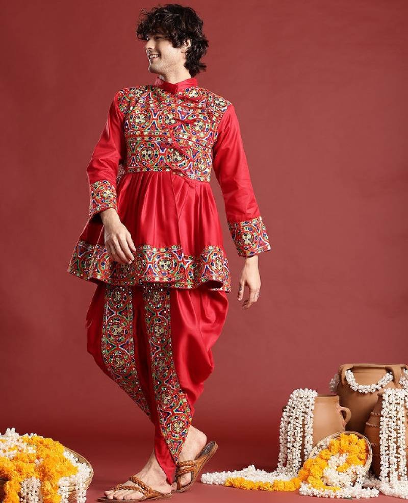 Ethnic motifs embroidered angrakha navaratri kediya set with dandiya & cap - free size